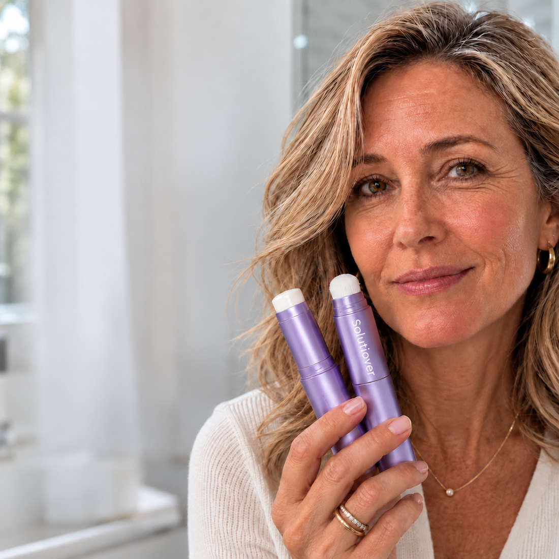 Woman holding a Solutiover foundation stick and its brush