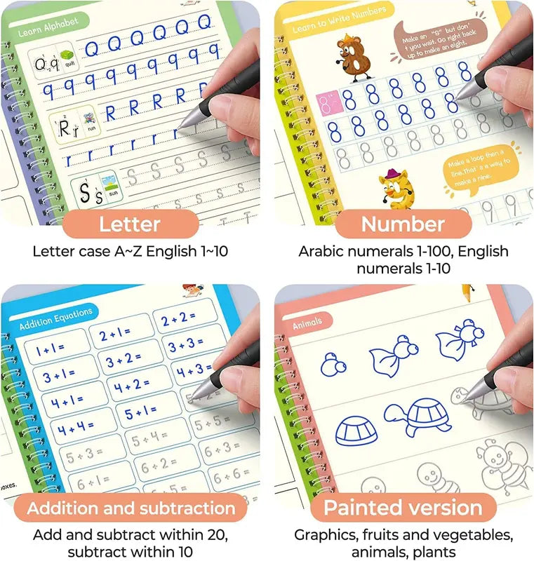 4 Pcs Handwriting Practice Books Kids 3-5 | Reusable Magic Ink Tracing Workbook | Preschool Kindergarten Ready