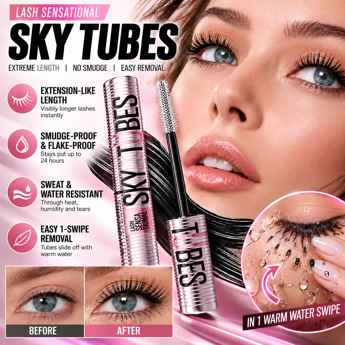 Lash Sensational Sky Tubes – Lengthening & Smudge-Resistant Tubing Mascara|Very Black✨