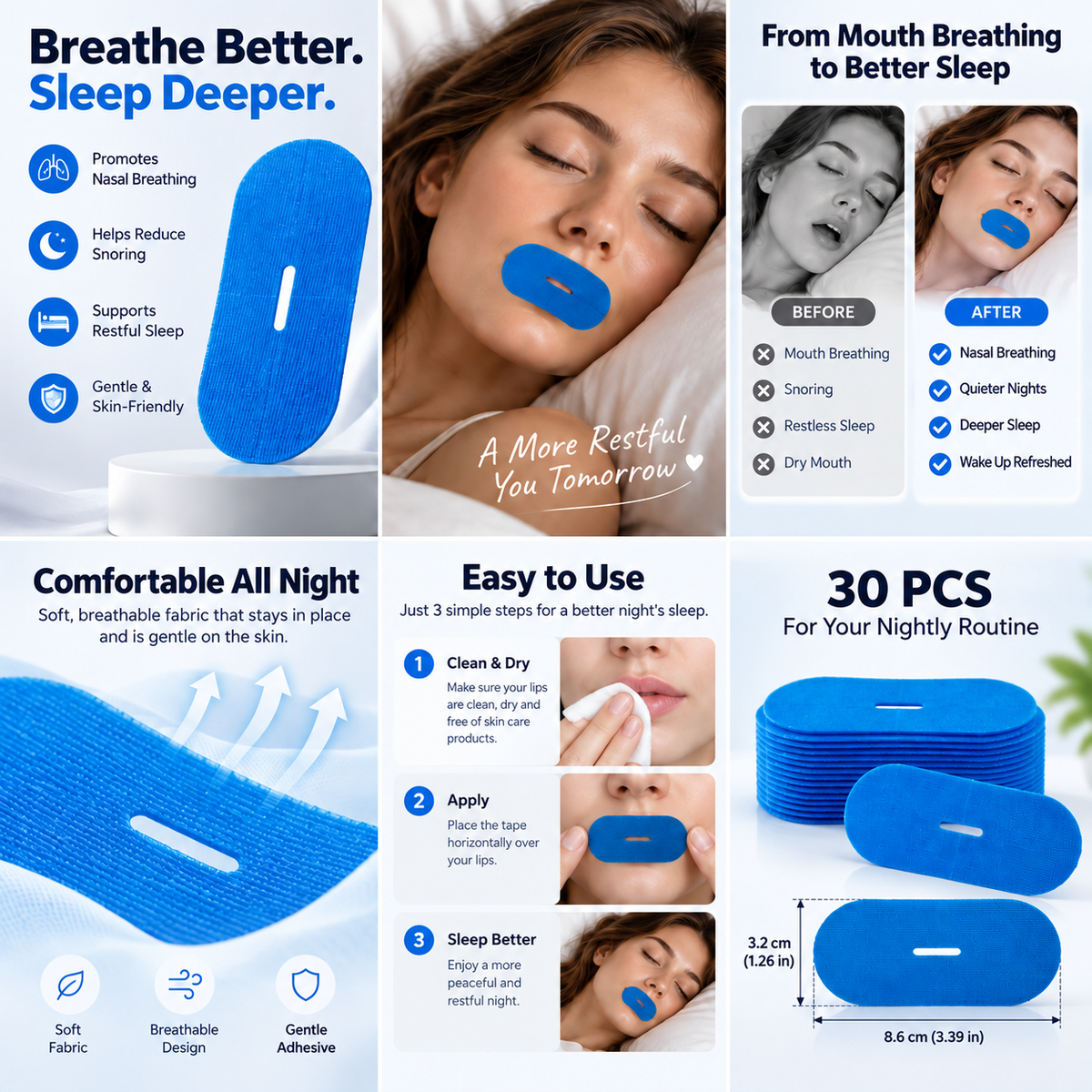 Solutiover Mouth Tape – Sleep Support & Fuller-Looking Lips | 30-Count Pack