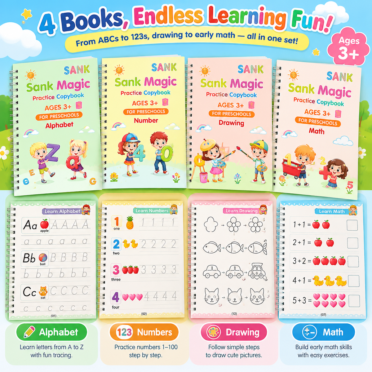 4 Pcs Handwriting Practice Books Kids 3-5 | Reusable Magic Ink Tracing Workbook | Preschool Kindergarten Ready