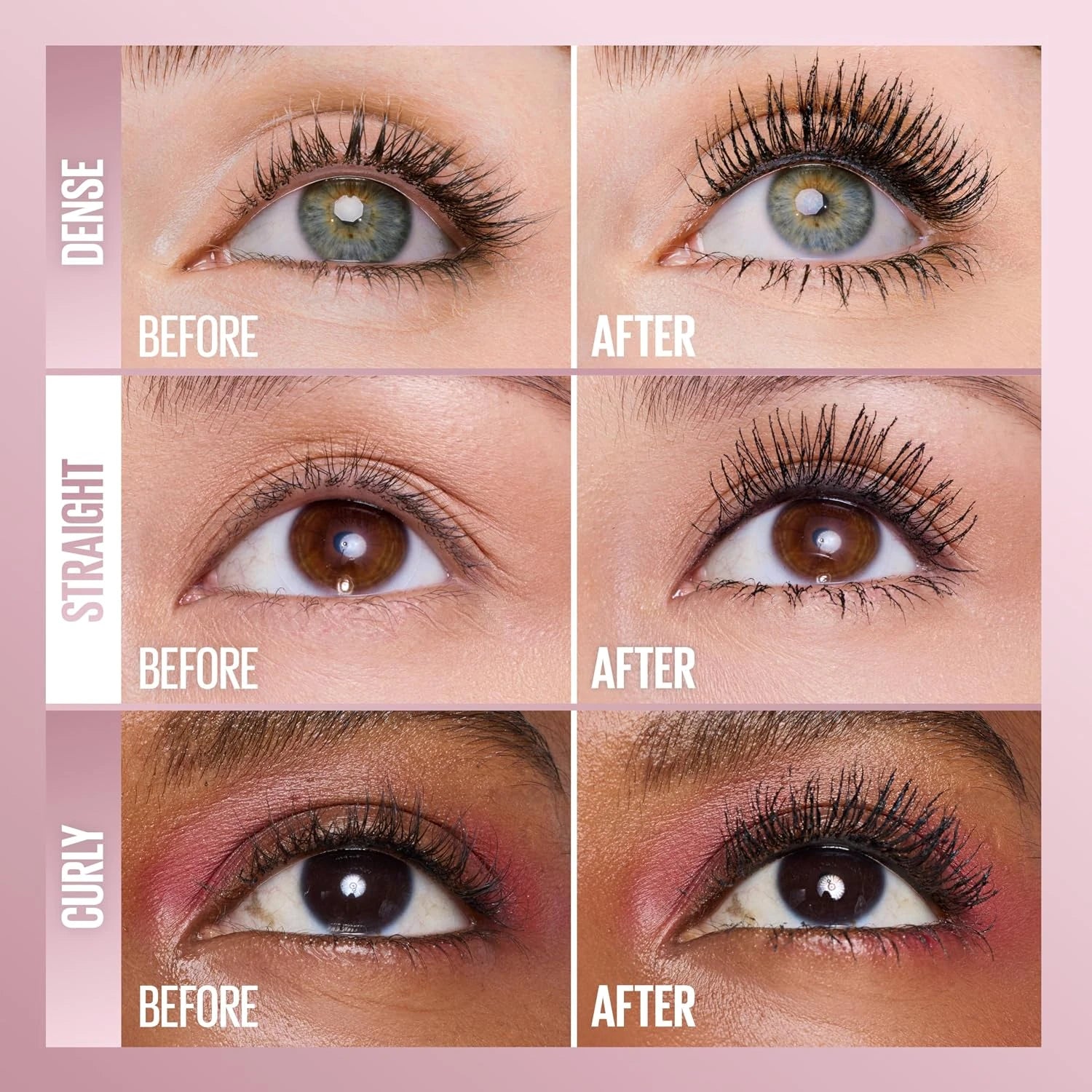 Before and after Sky Tubes mascara on dense, straight and curly lashes