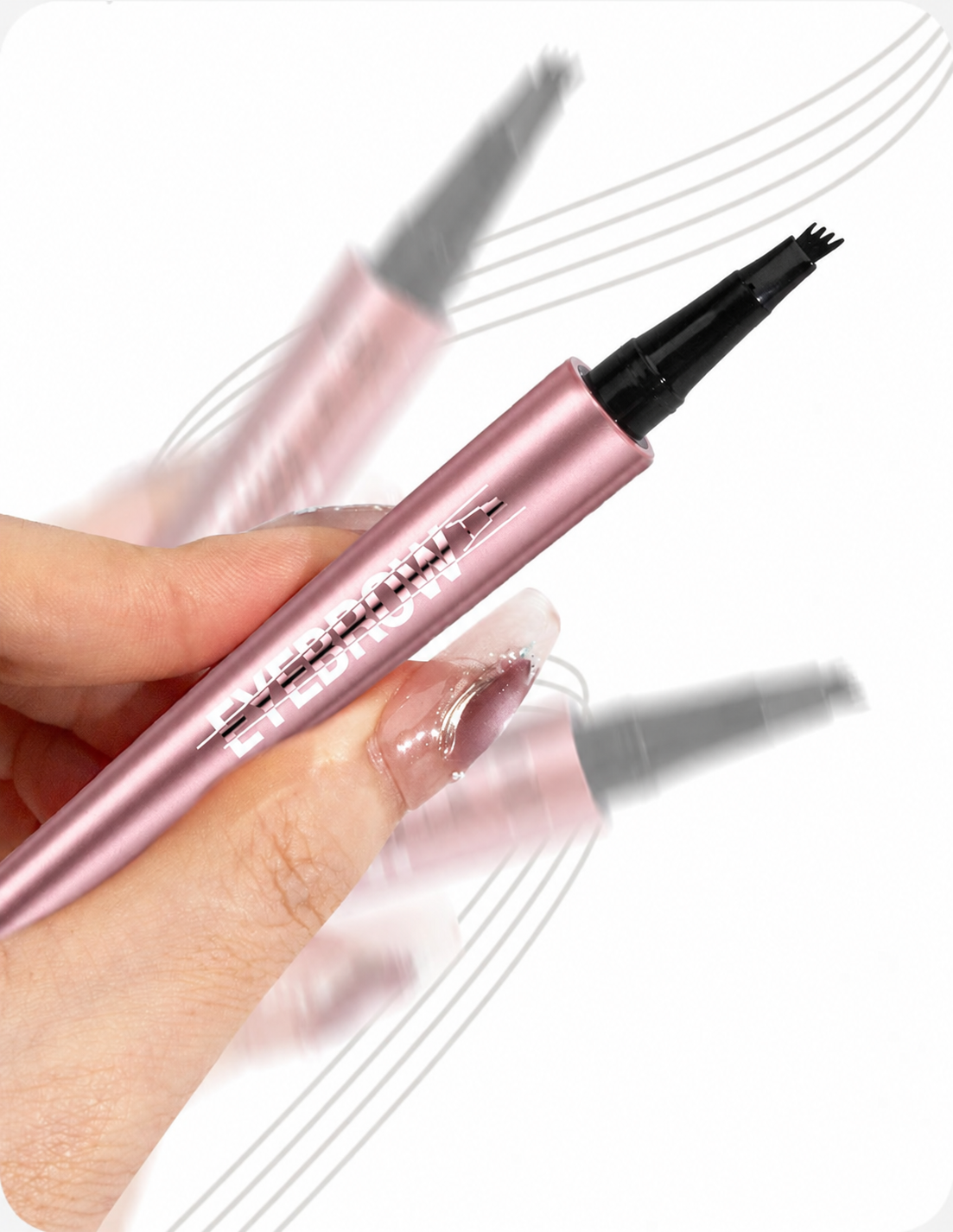 Close-up of the rose-gold four-prong liquid eyebrow pen and its precision applicator tip