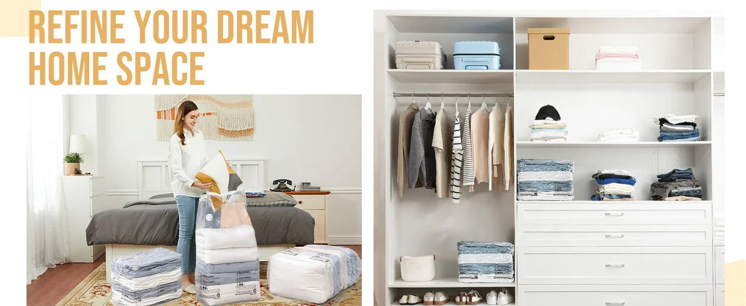 Solutiover vacuum storage bags organizing comforters and blankets beside a neatly arranged closet