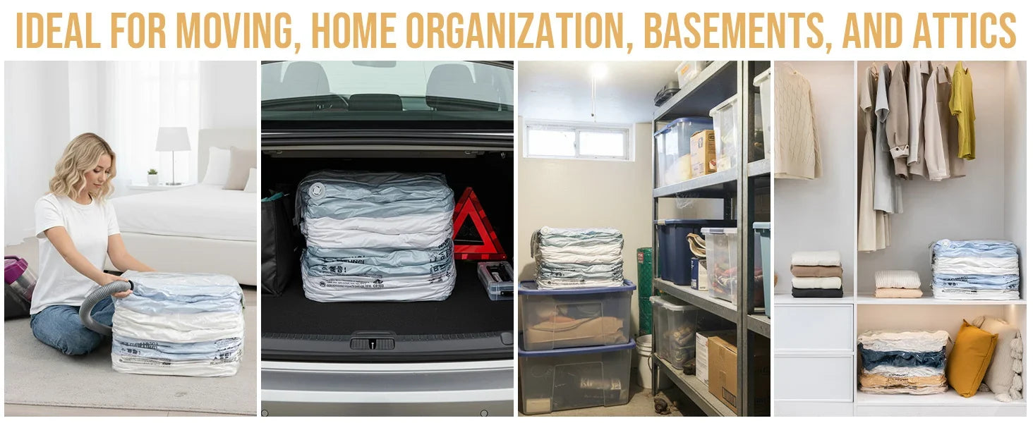 Four storage situations for Solutiover cube vacuum bags: packing bedding, moving, basement storage and closet organization