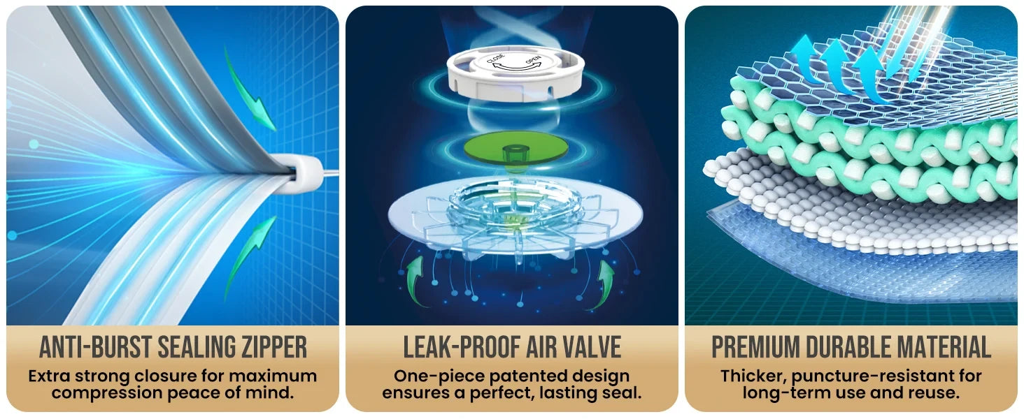 Three illustrated Solutiover storage bag features: sealing zipper, air valve and layered material