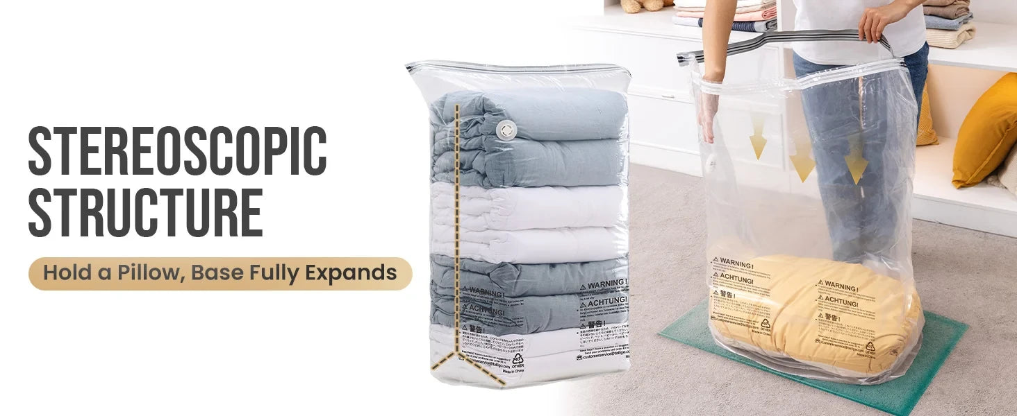 Solutiover 3D cube vacuum storage bag with a fully expandable base, shown beside a person loading pillows and bedding