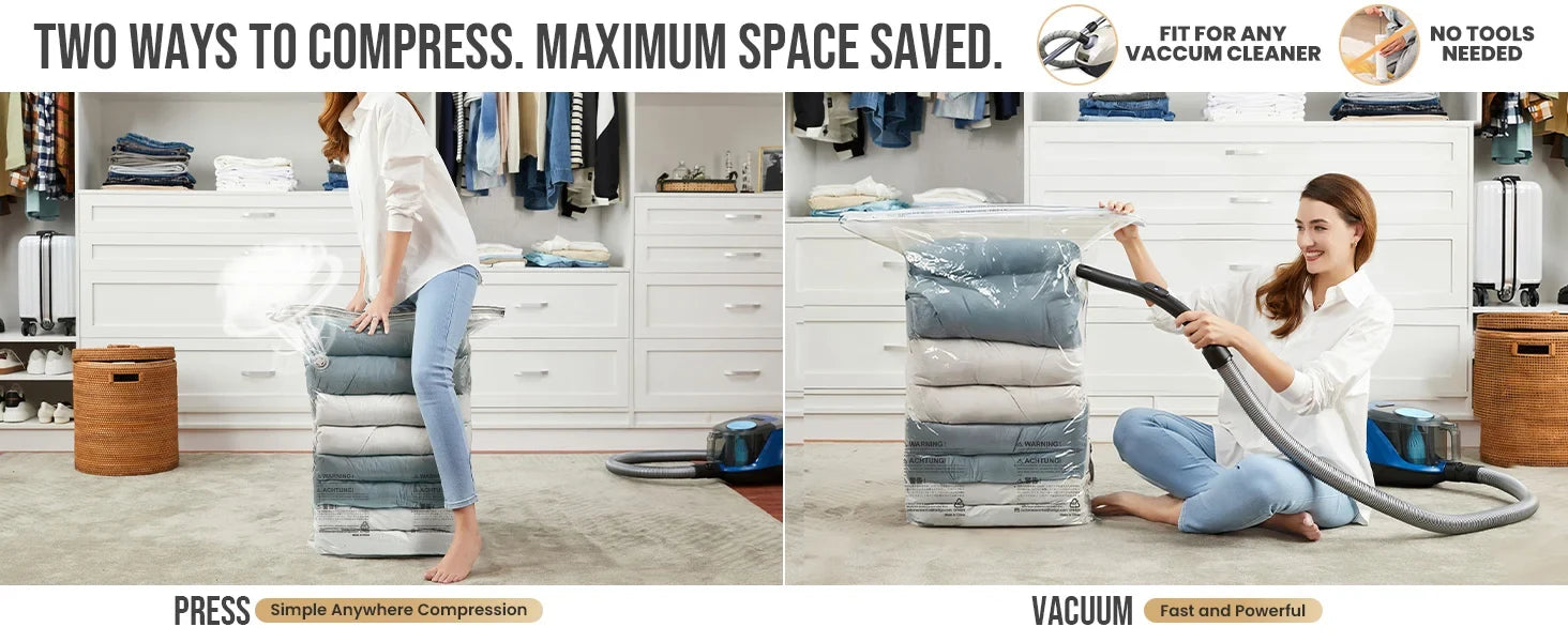 Two ways to compress Solutiover Cube Vacuum Storage Bags: press manually or use a compatible vacuum cleaner
